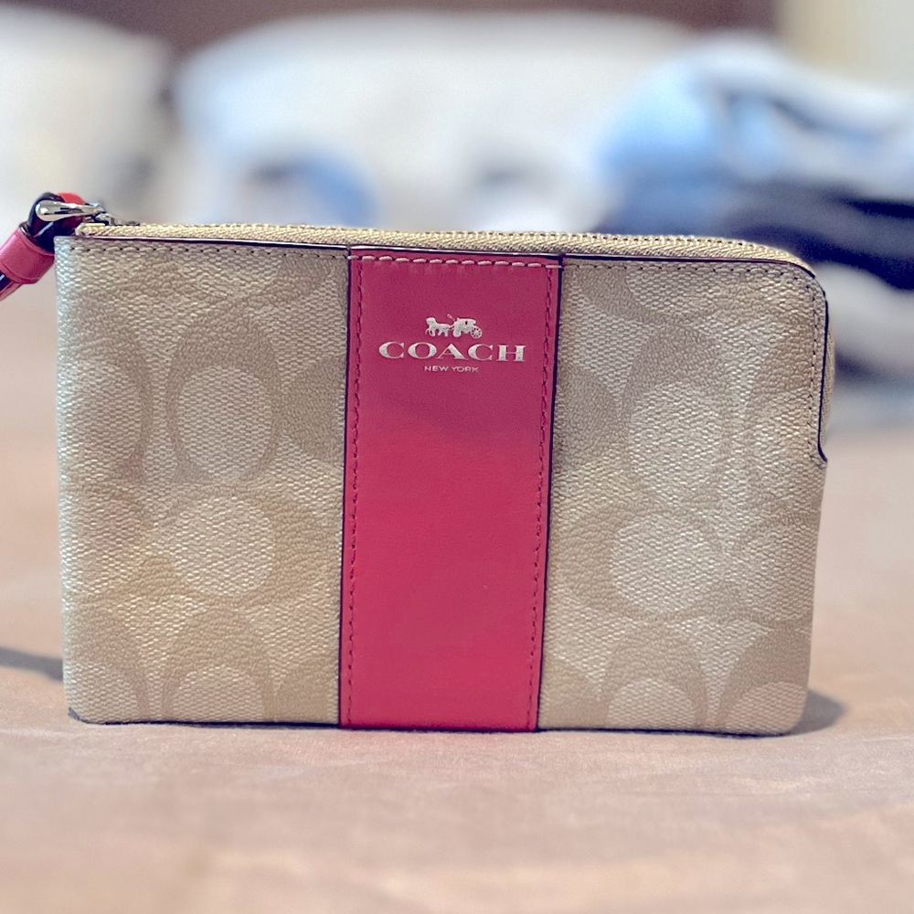 Coach wristlet wallet tan and pink